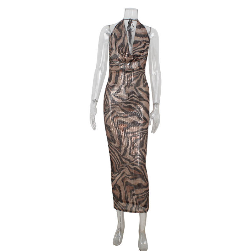 Sexy Deep V Sleeveless Printed Sequined Dresses