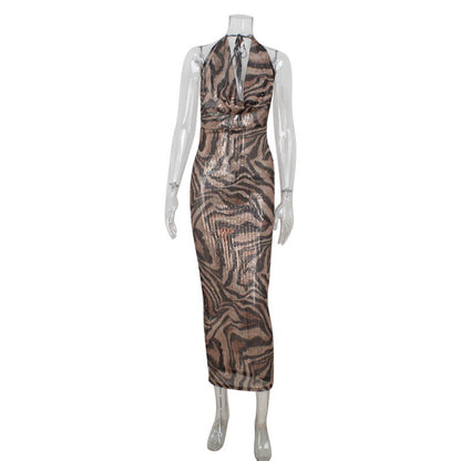 Sexy Deep V Sleeveless Printed Sequined Dresses