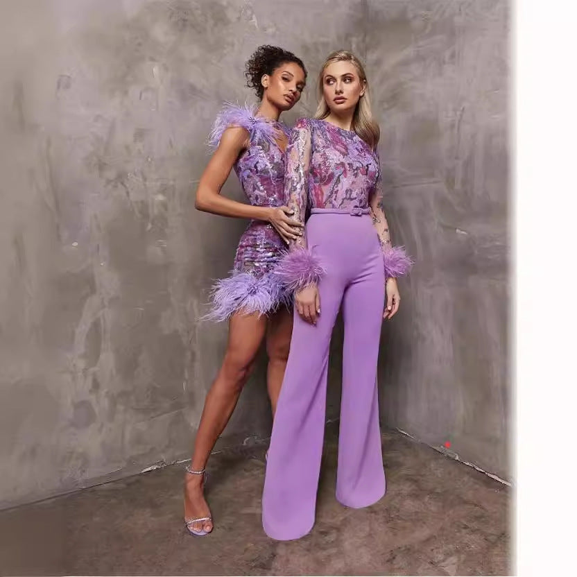 Feather Rhinestone Sexy Sleeveless Purple Dress Shorts