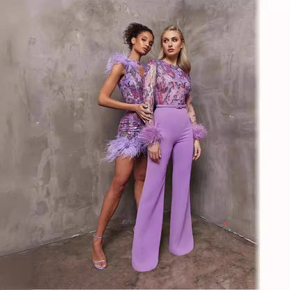 Feather Rhinestone Sexy Sleeveless Purple Dress Shorts