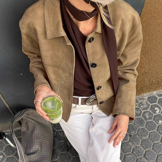 Women's Style Suede Autumn Commuter Khaki Polo Coats
