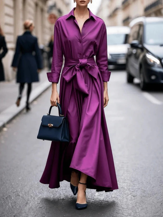 Women's Shirts Collar Solid Color Maxi Dress Dresses
