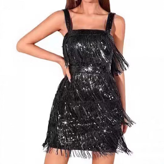 Solid Color Tassel Sequins Strap Cocktail Dresses