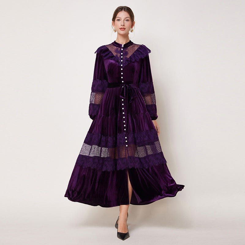 Women's Fashion Stand Collar Pearl Single-breasted Lace Stitching Dresses