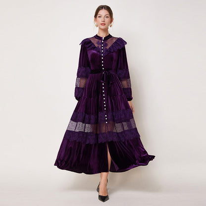 Women's Fashion Stand Collar Pearl Single-breasted Lace Stitching Dresses