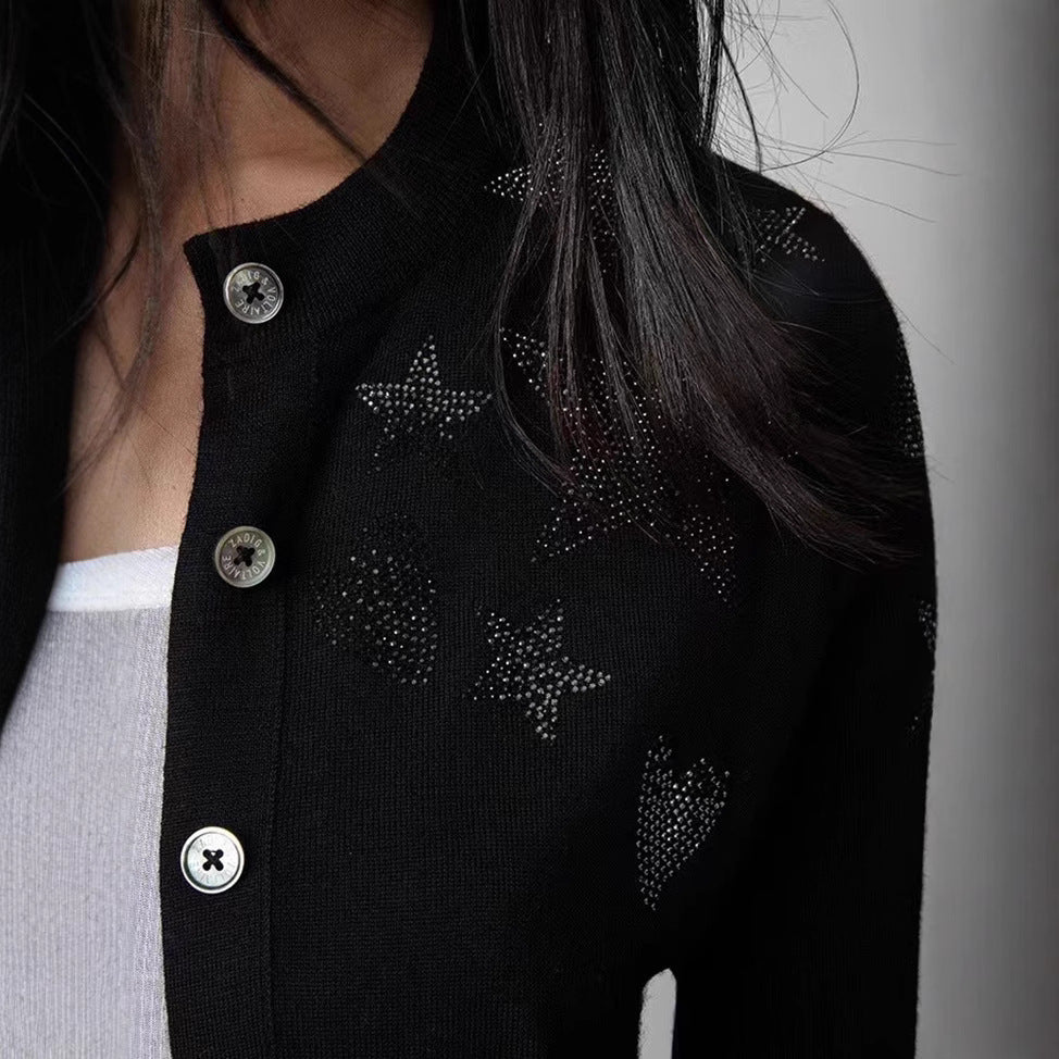 Women's Niche Stars Heart Rhinestone Cashmere Button Sweaters