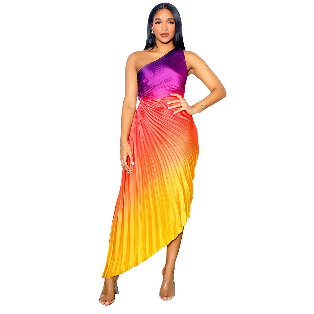 Women's Fashion Wear Printed Diagonal Collar Pleated Dresses