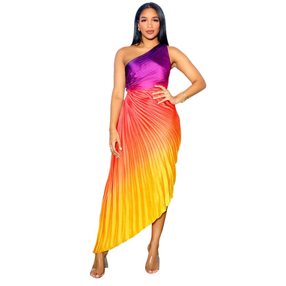 Women's Fashion Wear Printed Diagonal Collar Pleated Dresses