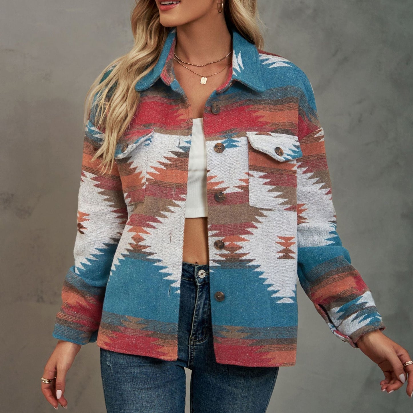 Women's Geometric Pattern Loose Lapels Pocket Button Coats