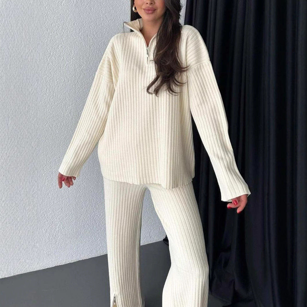 Women's Color Zipper Knitting High Neck Ribbing Suits