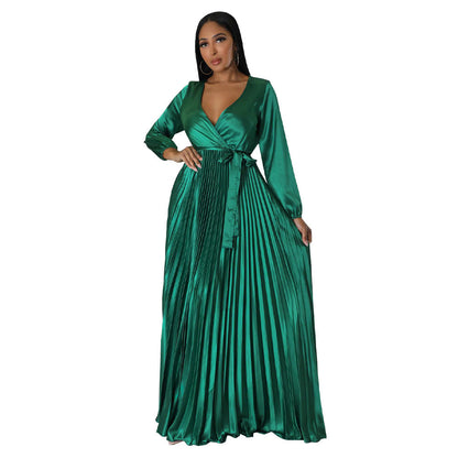 Women's Autumn Lantern Sleeve Pleated Dress Long Dresses