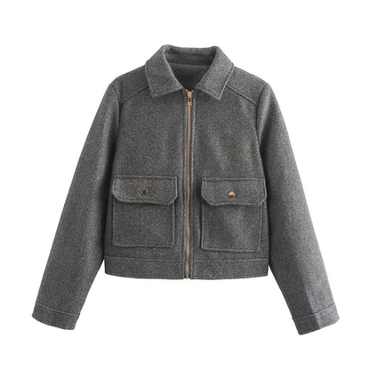 Women's Autumn Fashion Soft Woolen Pocket Zipper Coats