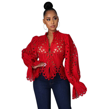 Women's Autumn Ripped Sexy Flare Sleeve Breathable Blouses