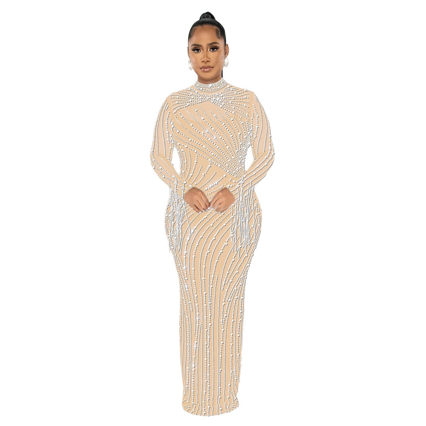 Women's Hot Drilling Long Sleeve Dress Lining Dresses
