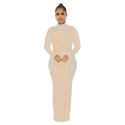 Women's Hot Drilling Long Sleeve Dress Lining Dresses