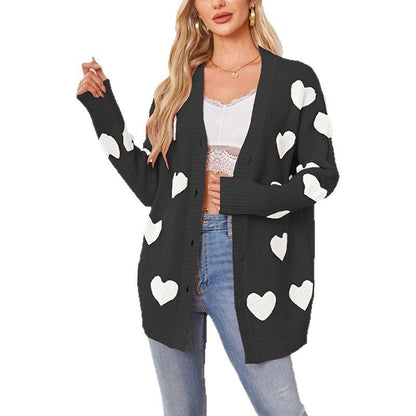 Women's Valentine's Day Heart Knitted Buttons Mid-length Sweaters
