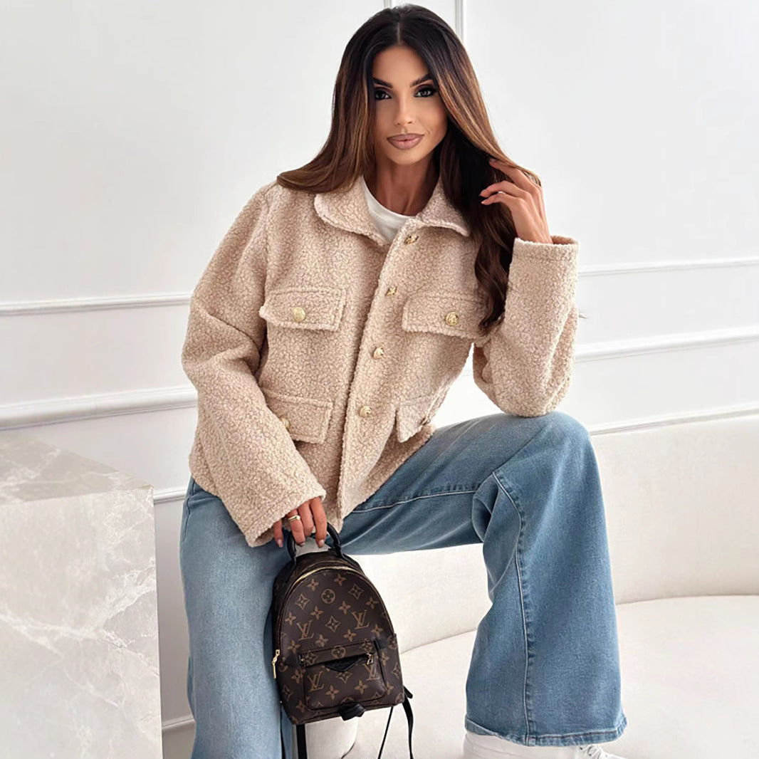 Women's Popular Lapel Button Decorations Cashmere Coats