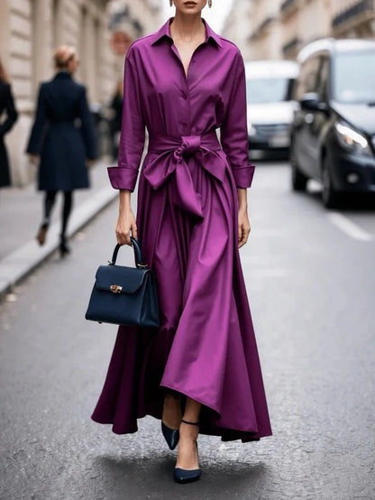 Women's Long Sleeve Pure Color Tied Lapel Dresses
