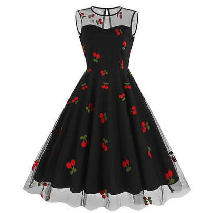 Round Neck Sleeveless Valentine's Day Mesh Embroidered Cherry Dresses