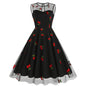 Round Neck Sleeveless Valentine's Day Mesh Embroidered Cherry Dresses