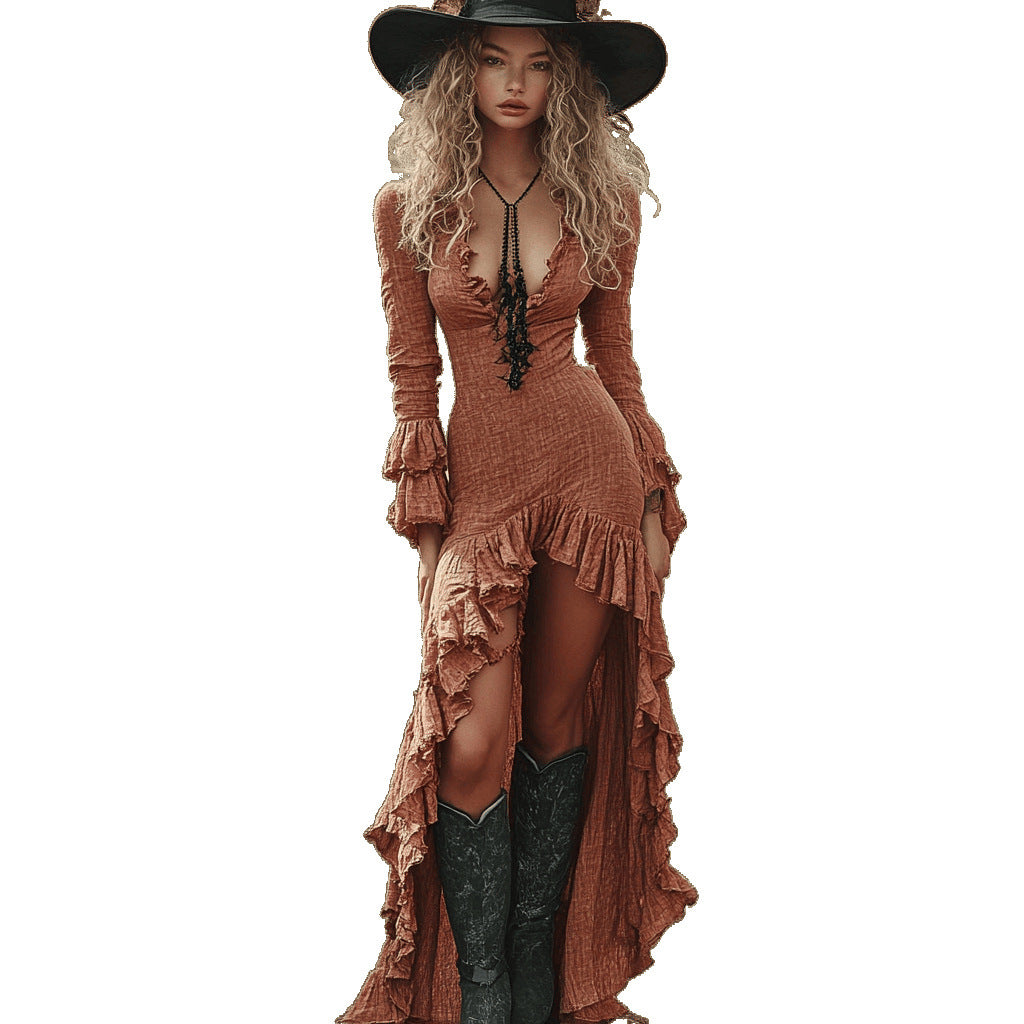 Women's Halloween Sexy Ruffles Solid Color Long Dresses