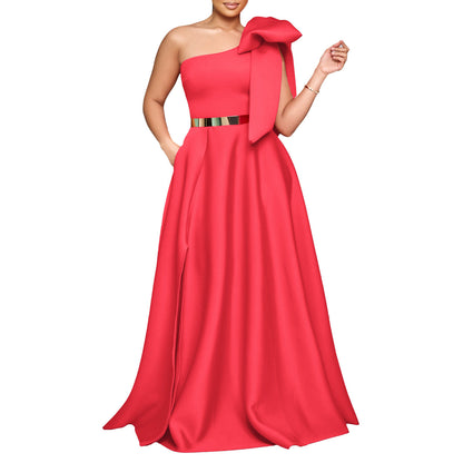 Graceful Fashionable Oblique Shoulder Bow Banquet Dresses