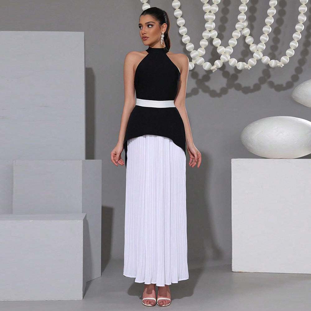 Women's Luxury Black White Contrast Color Long Pleated Skirts