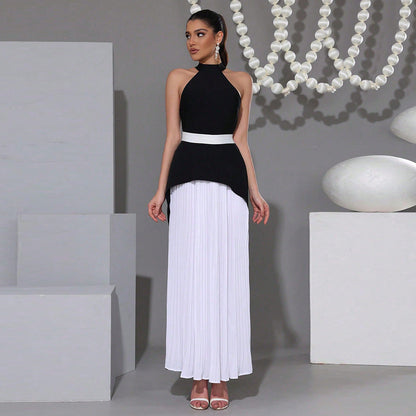 Women's Luxury Black White Contrast Color Long Pleated Skirts