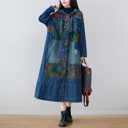 Washed-out Vintage Extended Denim Artistic Stitching Hooded Coats