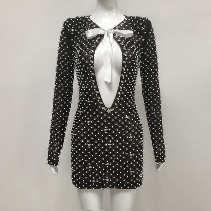 Fashion Sexy Tube Pearl Decorative Mesh Dresses