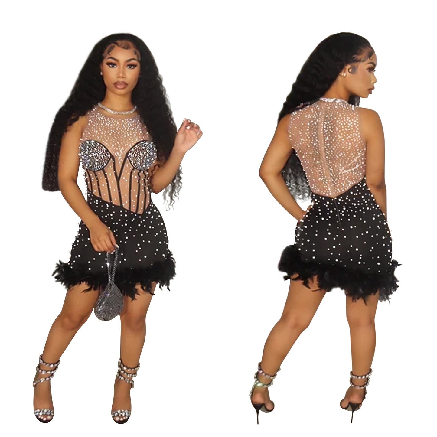 Women's Fashion Wear Solid Color Rhinestone Sleeveless Dresses