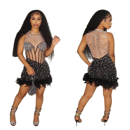 Women's Fashion Wear Solid Color Rhinestone Sleeveless Dresses