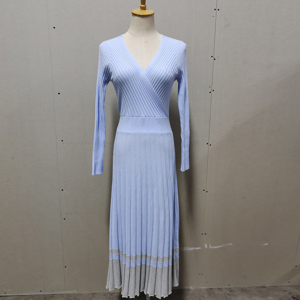 Women's Elegant Long-sleeved Wrapped Chest Mid-length Knitted Pleated Dresses