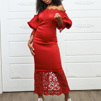 Women's Lace Stitching Banquet Dress Lantern Sleeve Dresses