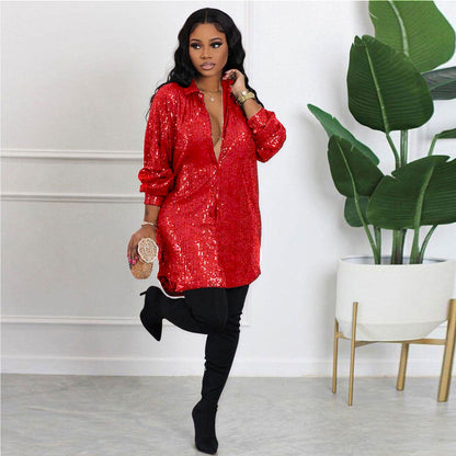 Comfortable Durable Sexy Sequined Shirt Dress Suits