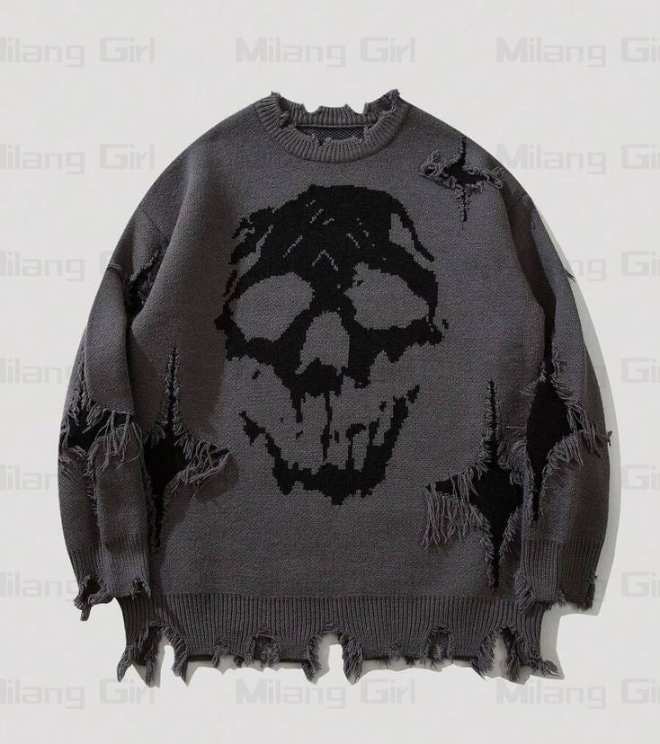 Skull Pattern Personality Street Ripped Pullover Sweaters