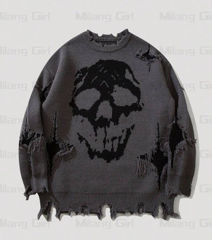 Skull Pattern Personality Street Ripped Pullover Sweaters