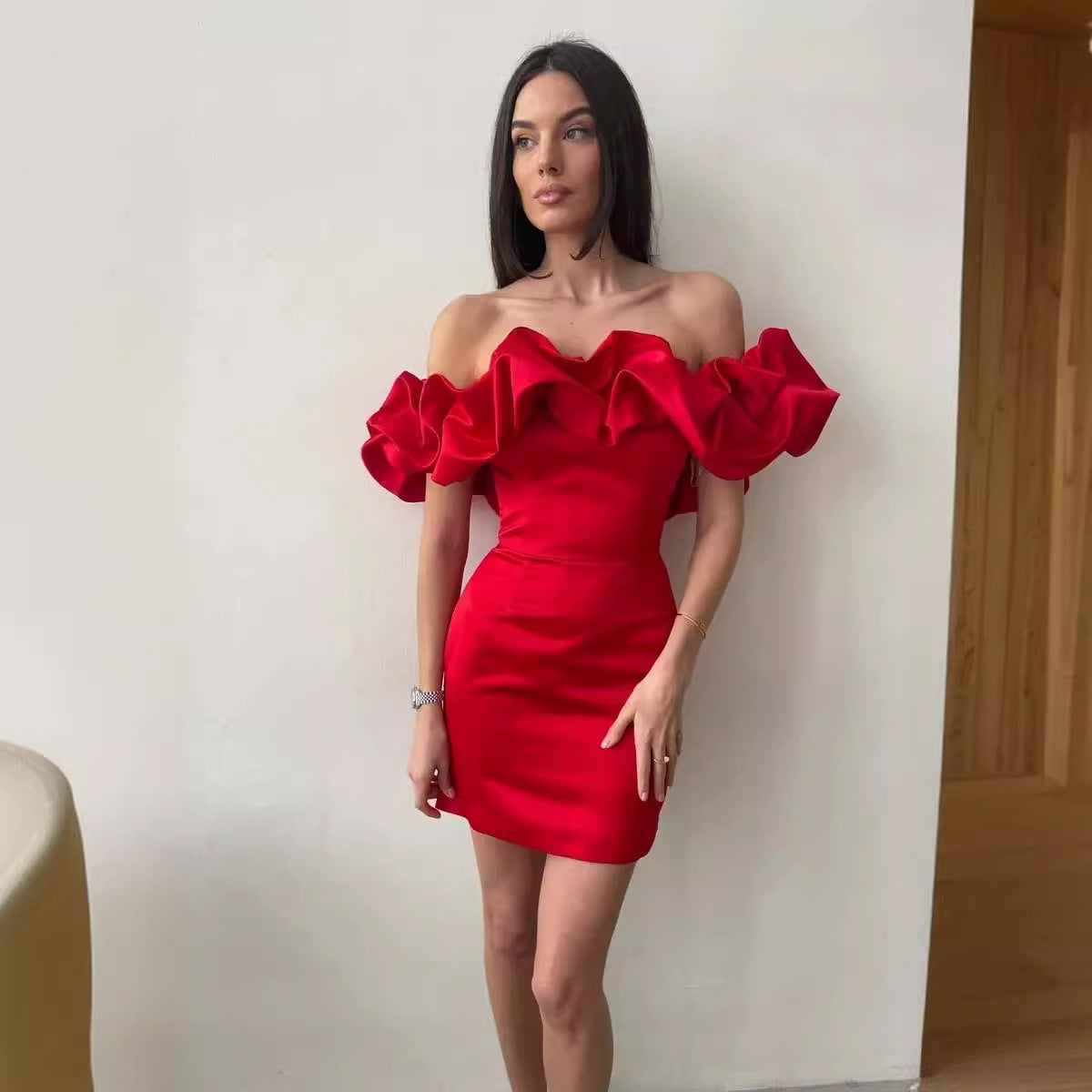 Women's Summer Ruffled Dress Sexy Oblique Shoulder Dresses