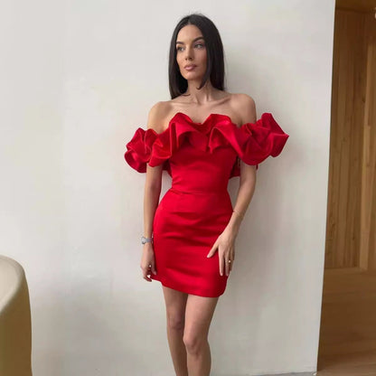 Women's Summer Ruffled Dress Sexy Oblique Shoulder Dresses