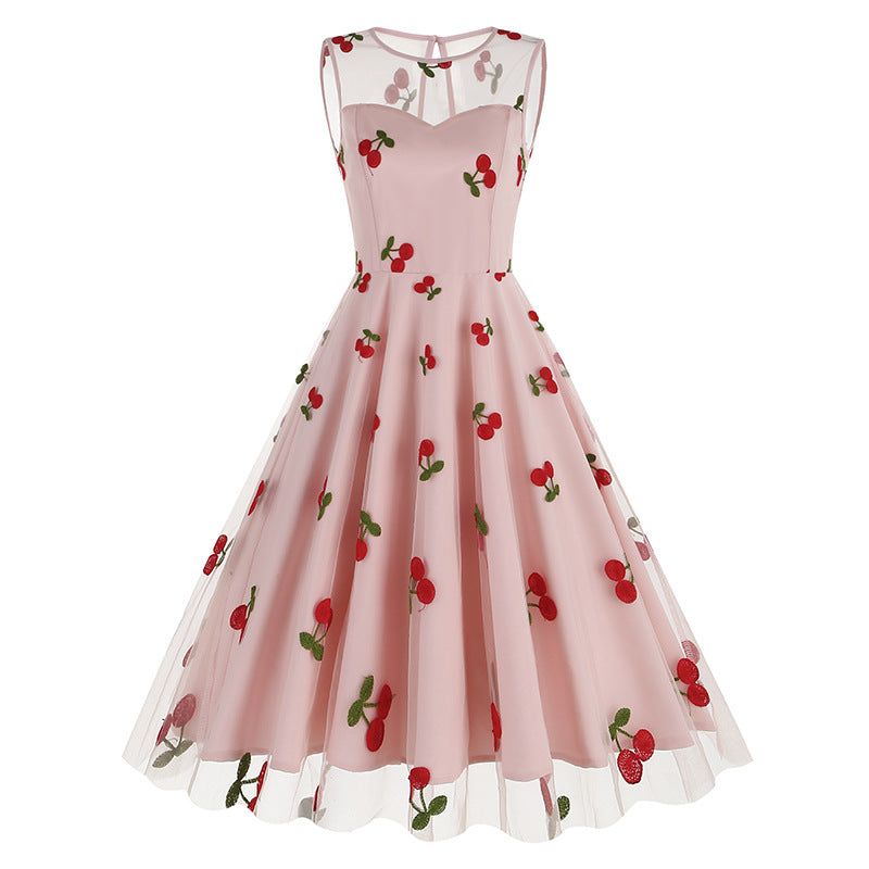 Round Neck Sleeveless Valentine's Day Mesh Embroidered Cherry Dresses