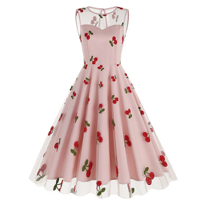 Round Neck Sleeveless Valentine's Day Mesh Embroidered Cherry Dresses