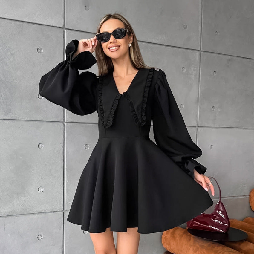 Women's Collar Bell Sleeve French Style Long Dresses