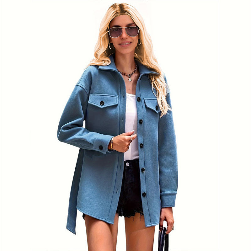 Women's Color Shirt Collar Belt Button Loose Coats