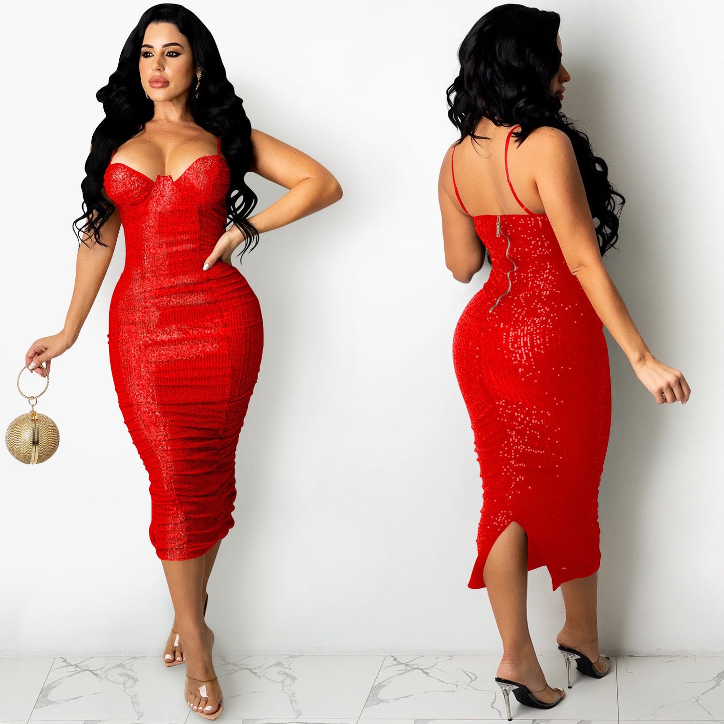 Women's Fashion Nightclub Sequin Sexy Sleeveless Split Dresses