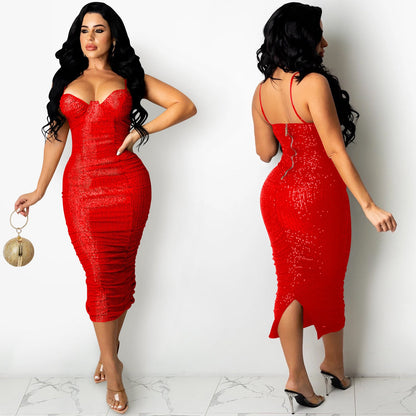 Women's Fashion Nightclub Sequin Sexy Sleeveless Split Dresses