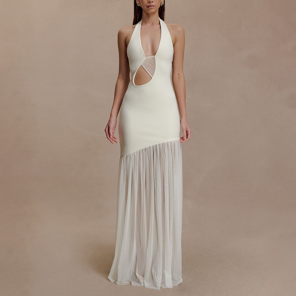 Women's Mesh Stitching Halter Dress Fitted Waist Dresses