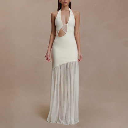 Women's Mesh Stitching Halter Dress Fitted Waist Dresses