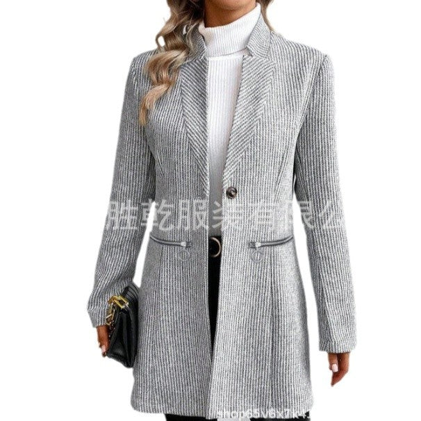 Women's Casual Vertical Pattern Woolen Zipper Coats