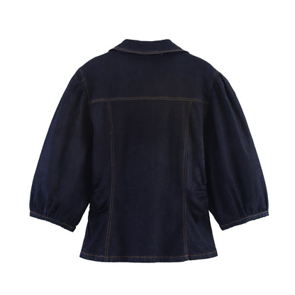 Women's Slim Denim Puff Sleeve Shirt Flared Suits