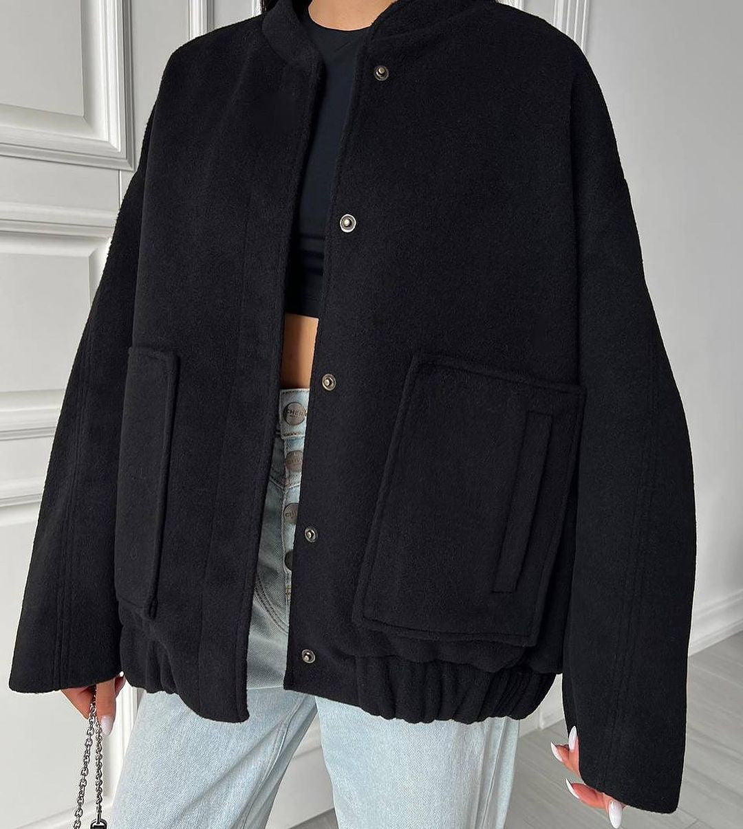 Women's Casual Stand Collar Large Pocket Solid Coats